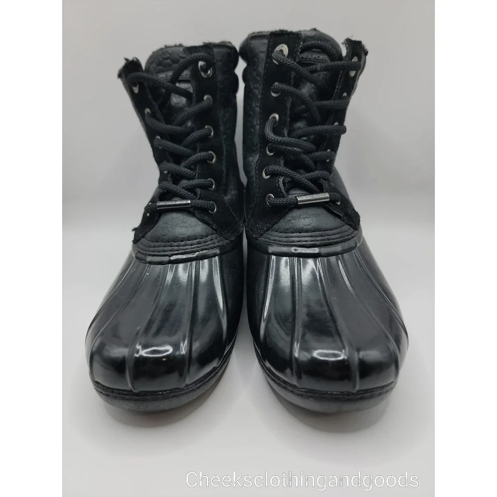 Michael Kors Black Monogram Leather Rubber Duck Boots Ankle Rain Snow Womens 9